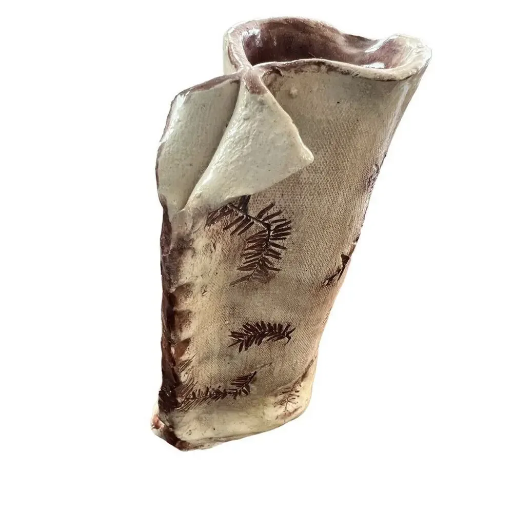Handmade Natural Glazed Imprint Floral Pinch Vase Signed